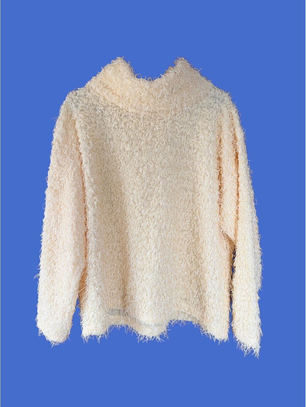 Skye's The Limit Shaggy Fringe Textured Mock Neck Sweater Cream Butter Yellow L